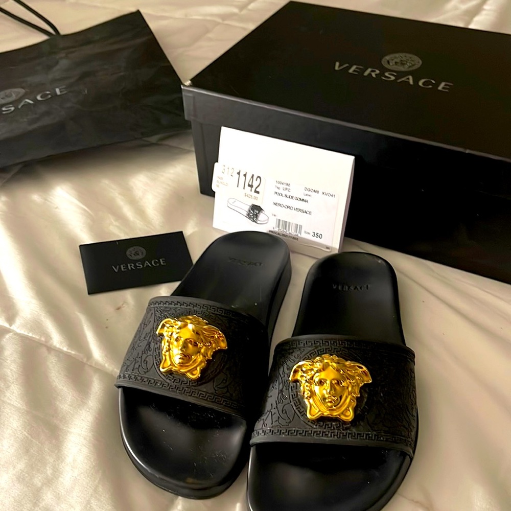 VERSACE SANDALS WITH GOLD MEDUSA AND BLACK WITH BOX, ID, TAGS, AND BAG